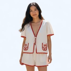 847. Lace Trim Anchor Pocket Bow Tie Loungewear/pajama Set Tan